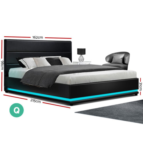Artiss Bed Frame Queen Size LED Gas Lift Black LUMI - Image 2