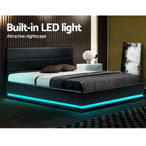Artiss Bed Frame Queen Size LED Gas Lift Black LUMI - Image 4