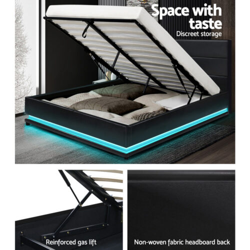 Artiss Bed Frame Queen Size LED Gas Lift Black LUMI - Image 6