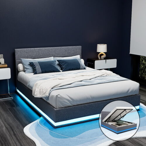 Artiss Bed Frame Queen Size LED Gas Lift Grey LUMI - Image 7