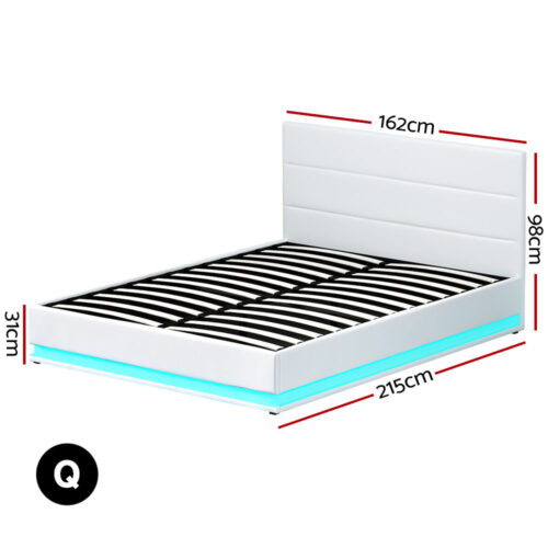 Artiss Bed Frame Queen Size LED Gas Lift White LUMI - Image 2