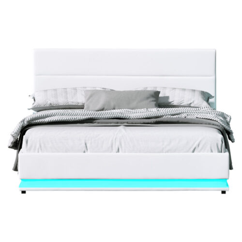Artiss Bed Frame Queen Size LED Gas Lift White LUMI - Image 3