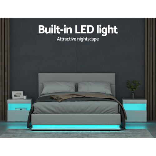 Artiss Bed Frame Queen Size LED Gas Lift White LUMI - Image 4