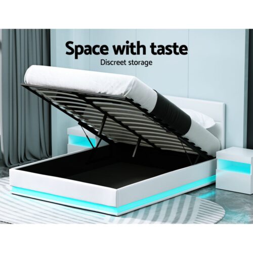 Artiss Bed Frame Queen Size LED Gas Lift White LUMI - Image 5