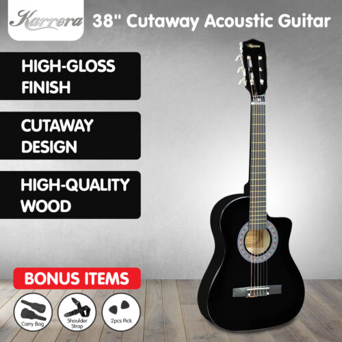 Karrera 38in Cutaway Acoustic Guitar with Carry Bag  Black - Image 9