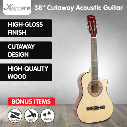 Karrera 38in Cutaway Acoustic Guitar with Carry Bag  Natural - Image 9