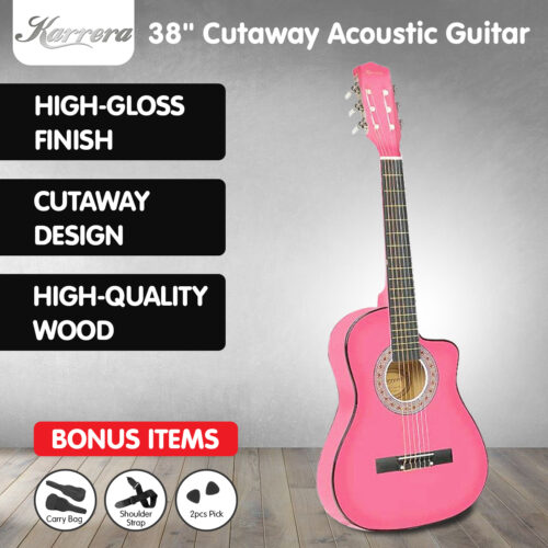 Karrera 38in Cutaway Acoustic Guitar with Carry Bag  Pink - Image 8