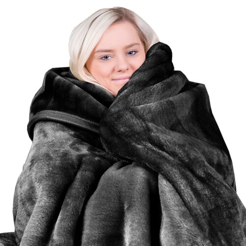 Laura Hill 600GSM Faux Mink Blanket Double Sided Queen Size  Black - Image 2