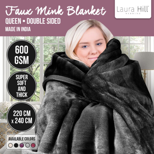 Laura Hill 600GSM Faux Mink Blanket Double Sided Queen Size  Black - Image 9