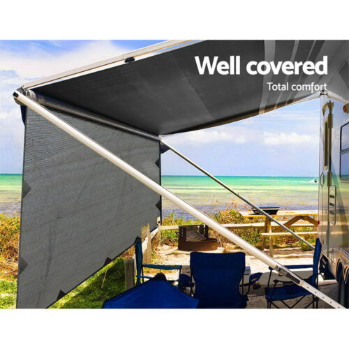 Caravan Privacy Screen Roll Out Awning 4.6x1.95M End Wall Side Sun Shade Grey - Image 5