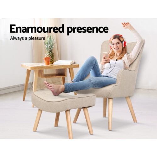 Artiss Armchair Set with Ottoman Beige Lansar - Image 4