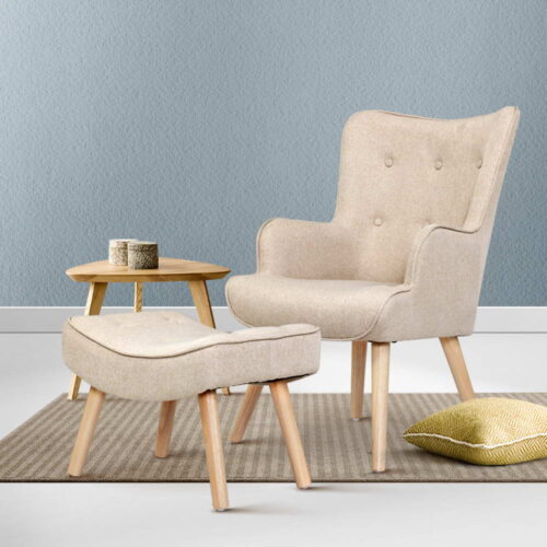 Artiss Armchair Set with Ottoman Beige Lansar - Image 7