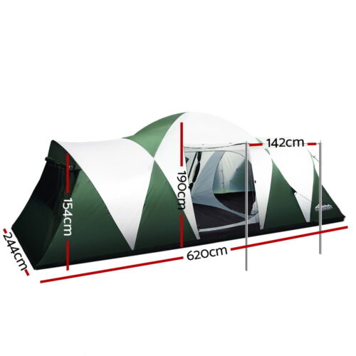 Weisshorn Family Camping Tent 12 Person Hiking Beach Tents (3 Rooms) Green - Image 3
