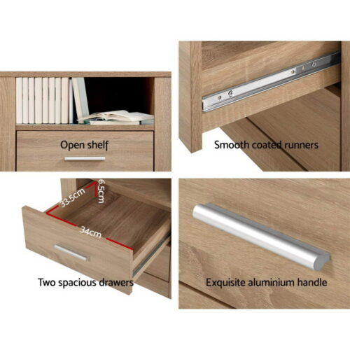 Artiss Bedside Table 2 Drawers with Shelf - TARA Oak - Image 5