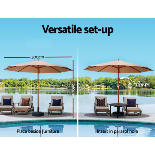 Instahut Outdoor Umbrella Pole Umbrellas 3M Parasol Base Garden Stand Deck Beige - Image 7