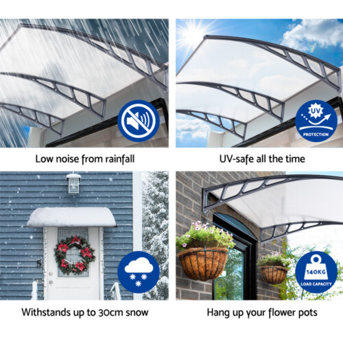 Instahut Window Door Awning Canopy 1.5mx2m Transparent Sheet Grey Plastic Frame - Image 7