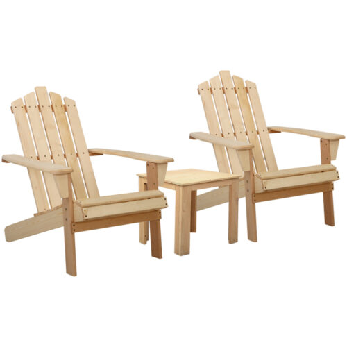 Gardeon 3PC Adirondack Outdoor Table and Chairs Wooden Beach Chair Natural - Image 2