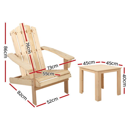 Gardeon 3PC Adirondack Outdoor Table and Chairs Wooden Beach Chair Natural - Image 3