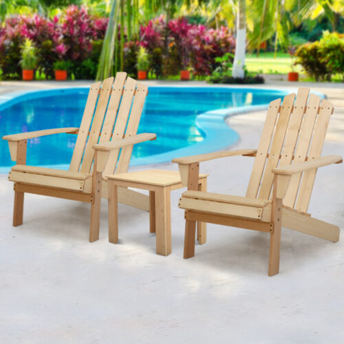 Gardeon 3PC Adirondack Outdoor Table and Chairs Wooden Beach Chair Natural - Image 9