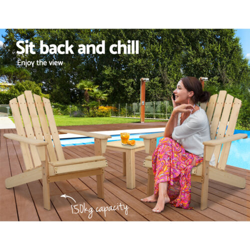 Gardeon 3PC Adirondack Outdoor Table and Chairs Wooden Beach Chair Natural - Image 10