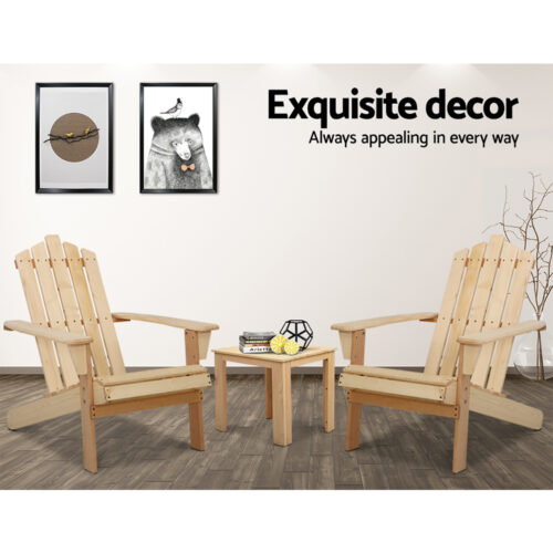 Gardeon 3PC Adirondack Outdoor Table and Chairs Wooden Beach Chair Natural - Image 13