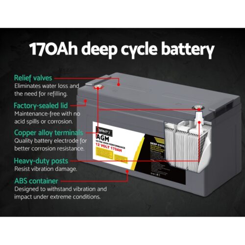 Giantz AGM Deep Cycle Battery 12V 170Ah Box Portable Solar Caravan Camping - Image 6