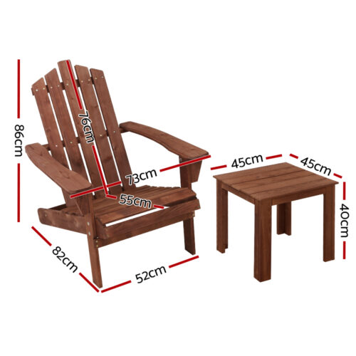 Gardeon 3PC Adirondack Outdoor Table and Chairs Wooden Beach Chair Brown - Image 3