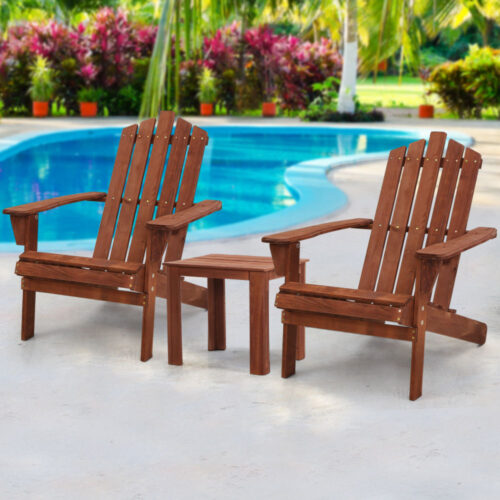 Gardeon 3PC Adirondack Outdoor Table and Chairs Wooden Beach Chair Brown - Image 9