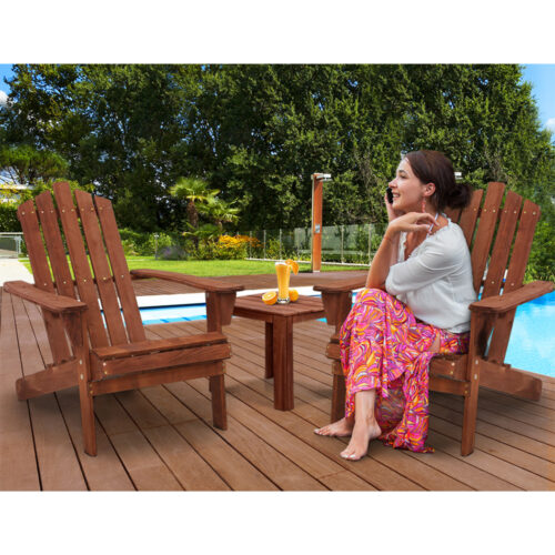 Gardeon 3PC Adirondack Outdoor Table and Chairs Wooden Beach Chair Brown - Image 10