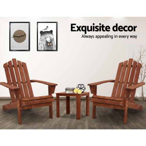 Gardeon 3PC Adirondack Outdoor Table and Chairs Wooden Beach Chair Brown - Image 13