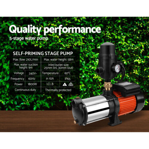 Giantz Garden Water Pump High Pressure 1800W 5-Stage Tank Irrigation Black - Image 5