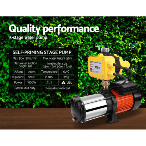 Giantz Garden Water Pump High Pressure 1800W 5-Stage Tank Irrigation Yellow - Image 5
