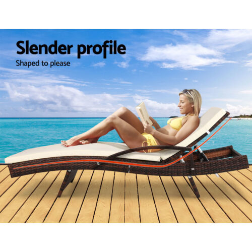 Gardeon 2PC Sun Lounge Wicker Lounger Outdoor Furniture Beach Chair Patio Adjustable Cushion Brown - Image 6