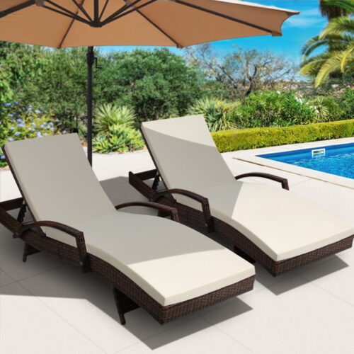 Gardeon 2PC Sun Lounge Wicker Lounger Outdoor Furniture Beach Chair Patio Adjustable Cushion Brown - Image 9