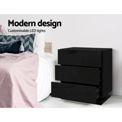 Artiss Bedside Table LED 3 Drawers - MORI Black - Image 3