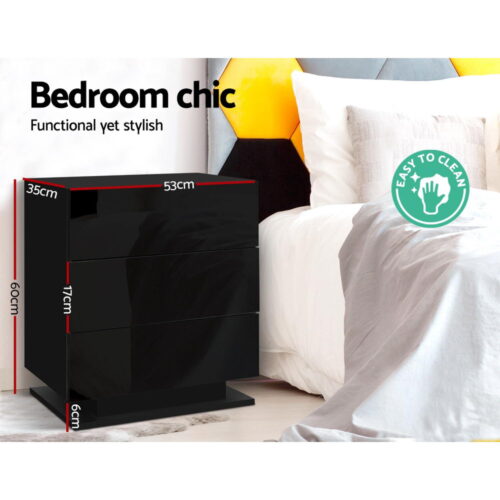 Artiss Bedside Table LED 3 Drawers - MORI Black - Image 4