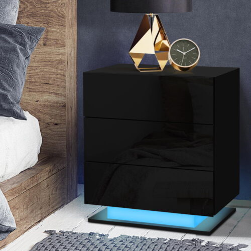 Artiss Bedside Table LED 3 Drawers - MORI Black - Image 6