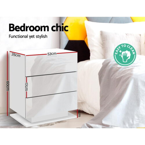 Artiss Bedside Table LED 3 Drawers - MORI White - Image 4
