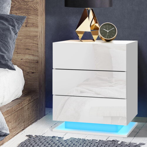 Artiss Bedside Table LED 3 Drawers - MORI White - Image 6