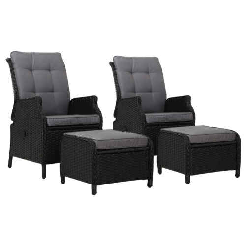 Gardeon 2PC Recliner Chair Sun lounge Wicker Lounger Outdoor Furniture Adjustable Black - Image 2