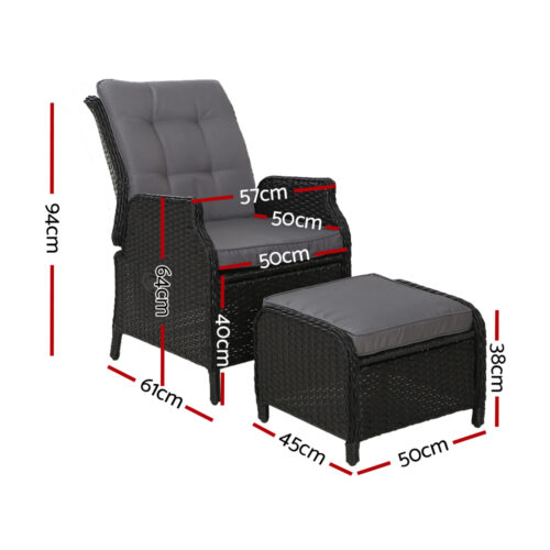 Gardeon 2PC Recliner Chair Sun lounge Wicker Lounger Outdoor Furniture Adjustable Black - Image 3