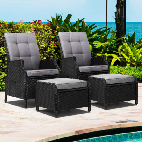 Gardeon 2PC Recliner Chair Sun lounge Wicker Lounger Outdoor Furniture Adjustable Black - Image 9