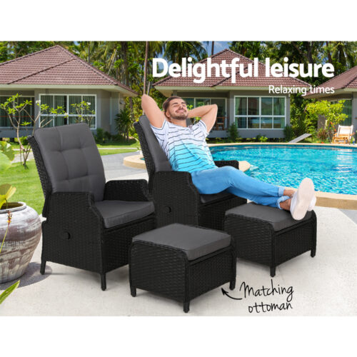 Gardeon 2PC Recliner Chair Sun lounge Wicker Lounger Outdoor Furniture Adjustable Black - Image 10