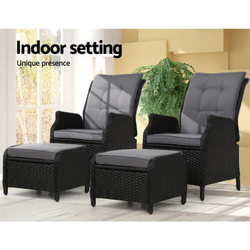 Gardeon 2PC Recliner Chair Sun lounge Wicker Lounger Outdoor Furniture Adjustable Black - Image 13