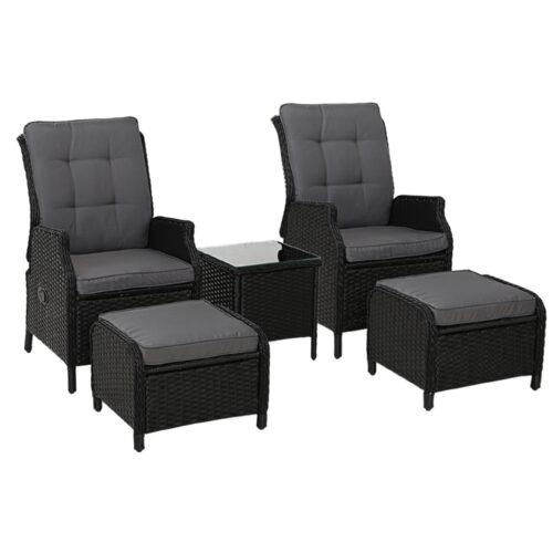 Gardeon 5PC Recliner Chairs Table Sun lounge Wicker Outdoor Furniture Adjustable Black - Image 2