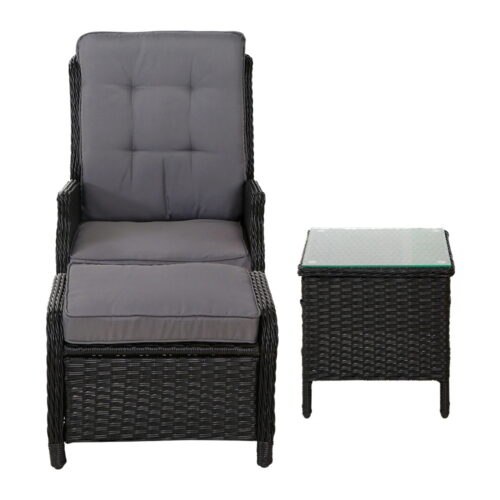 Gardeon 5PC Recliner Chairs Table Sun lounge Wicker Outdoor Furniture Adjustable Black - Image 4
