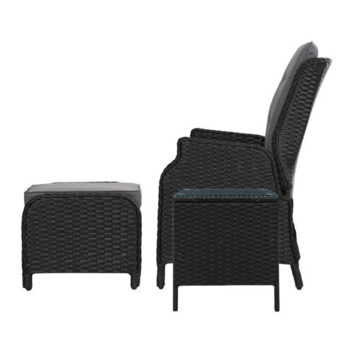 Gardeon 5PC Recliner Chairs Table Sun lounge Wicker Outdoor Furniture Adjustable Black - Image 5