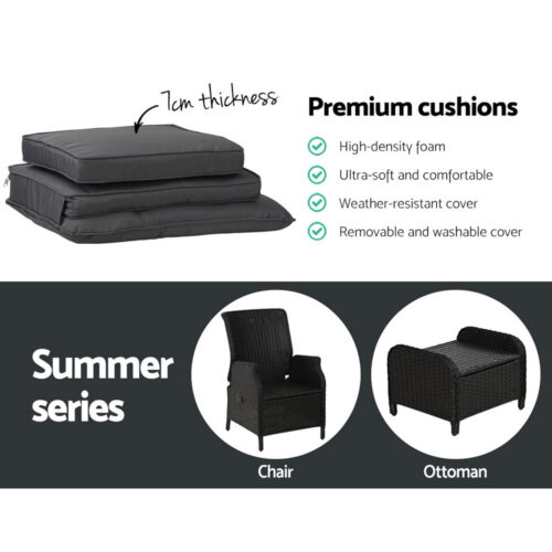 Gardeon 5PC Recliner Chairs Table Sun lounge Wicker Outdoor Furniture Adjustable Black - Image 8