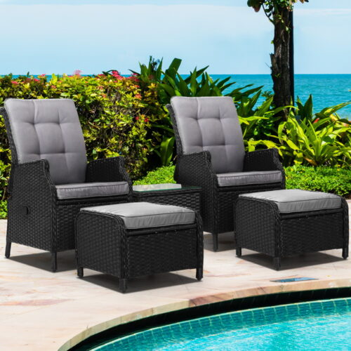 Gardeon 5PC Recliner Chairs Table Sun lounge Wicker Outdoor Furniture Adjustable Black - Image 9