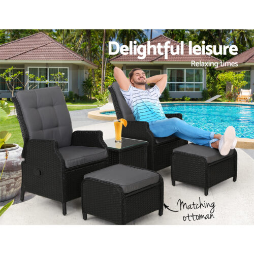 Gardeon 5PC Recliner Chairs Table Sun lounge Wicker Outdoor Furniture Adjustable Black - Image 10